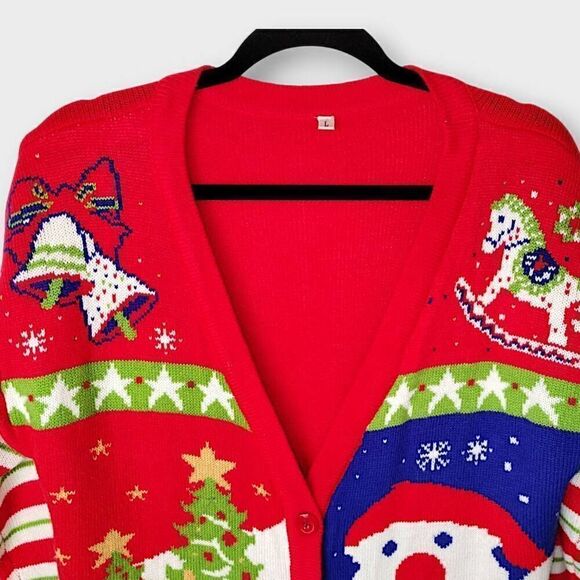V28 Womens Holiday Cardigan Sz Large Red Christmas Sweater Long Button Up Xmas - Picture 3 of 9
